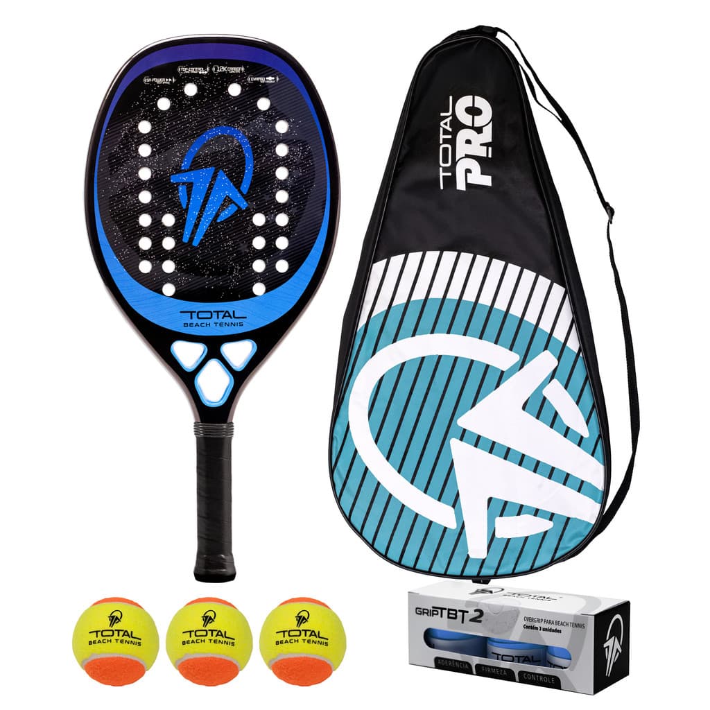Kit Raquete Beach Tennis Carbono 12k Total Pro 2025 + 3 Bolas + 3 Grips + Fita + Capa