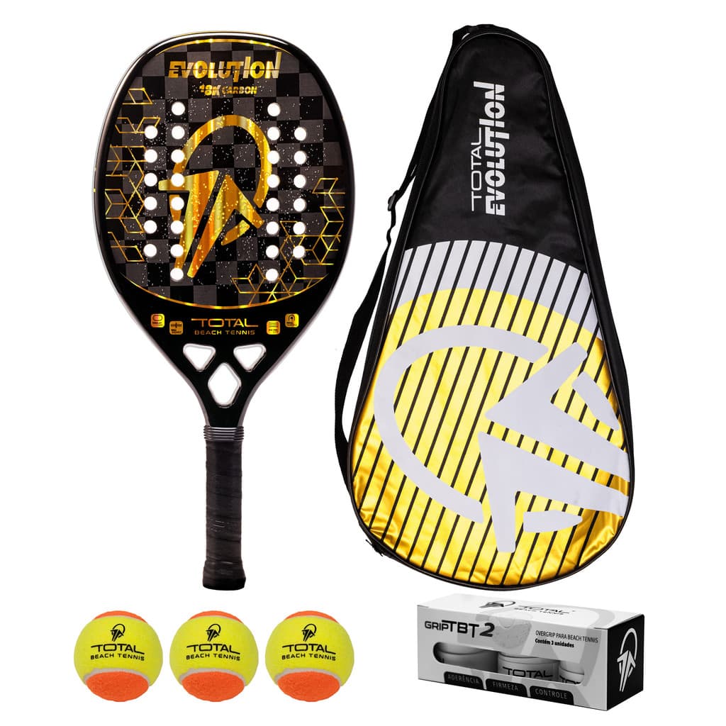 Kit Raquete Beach Tennis Carbono 18k Total Evolution Golden 2025 + 3 Bolas + 3 Grips + Fita + Capa
