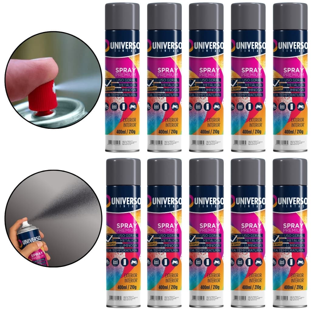 Kit 10 Tintas Spray 400ml Cinza Grafite Uso Geral Universo Tinta Pintura Aço Ferro Gesso Cerâmica