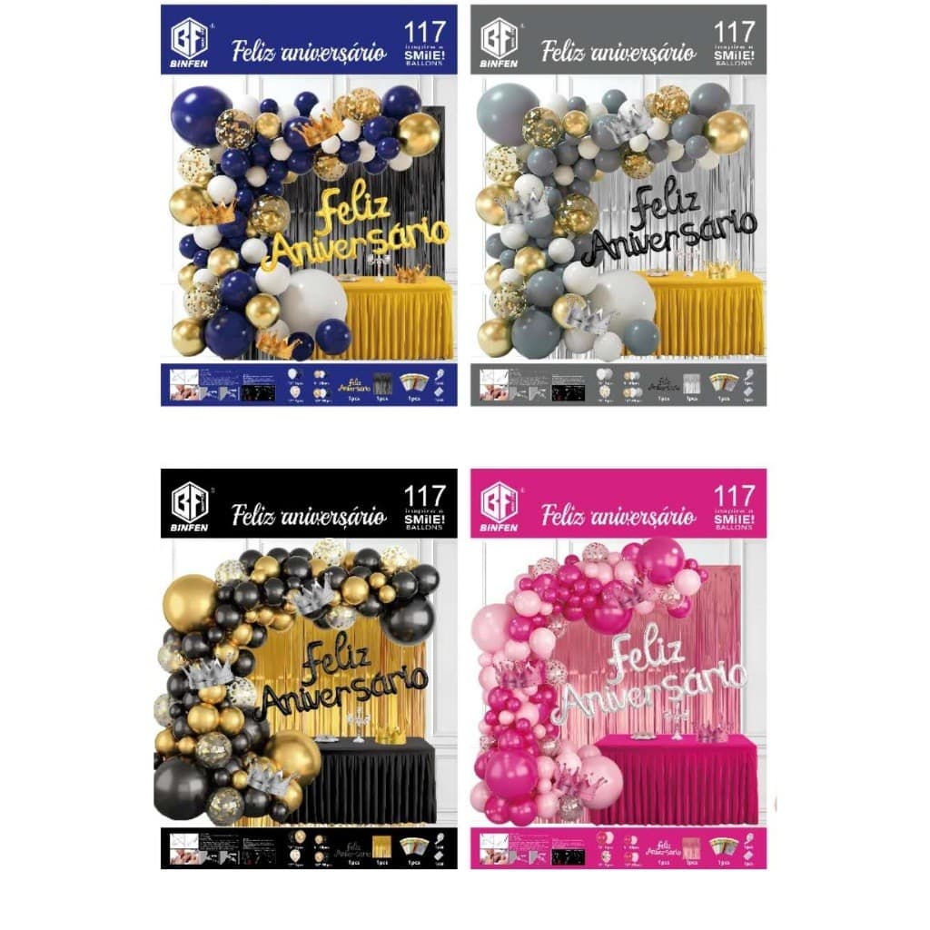 Kit C/117 /  94 Feliz Aniversário Balão Bexiga Confete +Cortina Festa+toalha de mesa--2 Números Metalizados 70cm