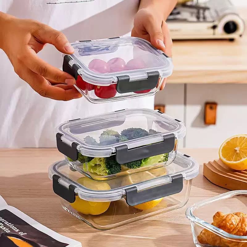 Kit 3 Potes de Vidro Hermético Marmita 370 640 1040ml com Travas – Antivazamento, Freezer e Micro-ondas )
