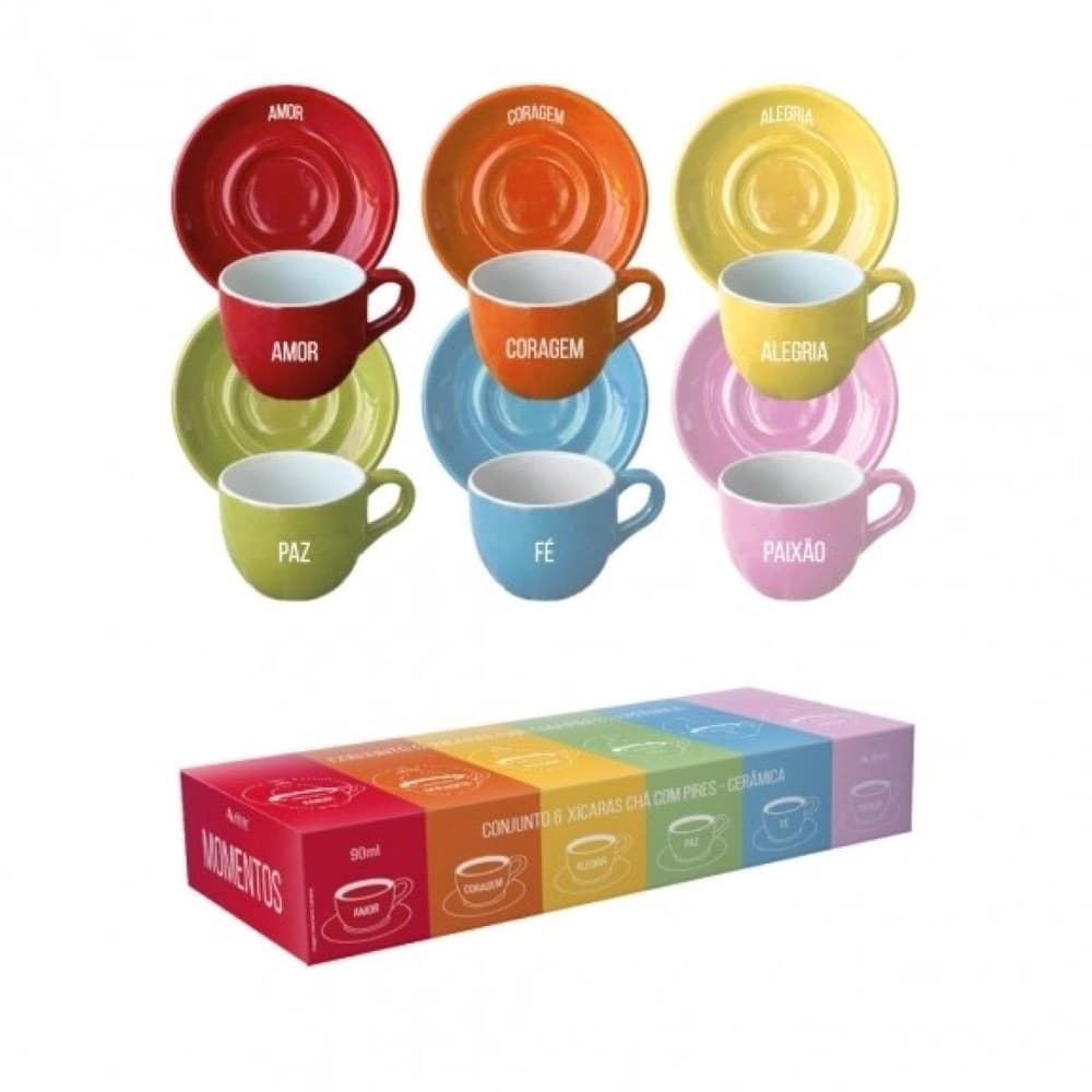 Jogo 06 Xícaras de Café com Pires Cerâmica 90ml - Momentos