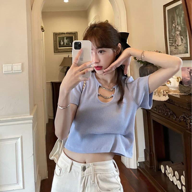 Curto curto topo feminino verão Design nicho usar cintura alta exposto Umbilical doce quente estilo menina camiseta de m