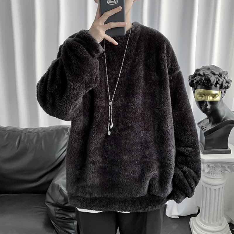 Moletom de lã de cordeiro masculino solto versão coreana na moda manga comprida camiseta inverno grosso flanela quente p