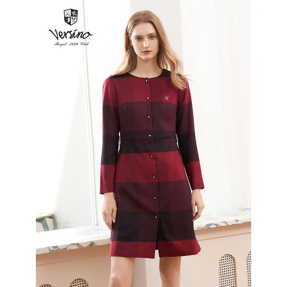 Versino versino vestido feminino outono novo estilo saia xadrez senhoras cintura estreita mais magro olhar saia longa re