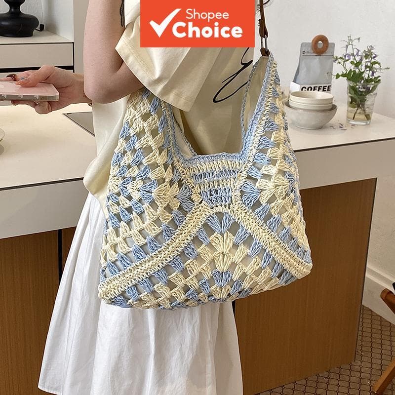 Bolsa de ombro vazada crochê boêmia, bolsa de praia grande de verão & casual, branca