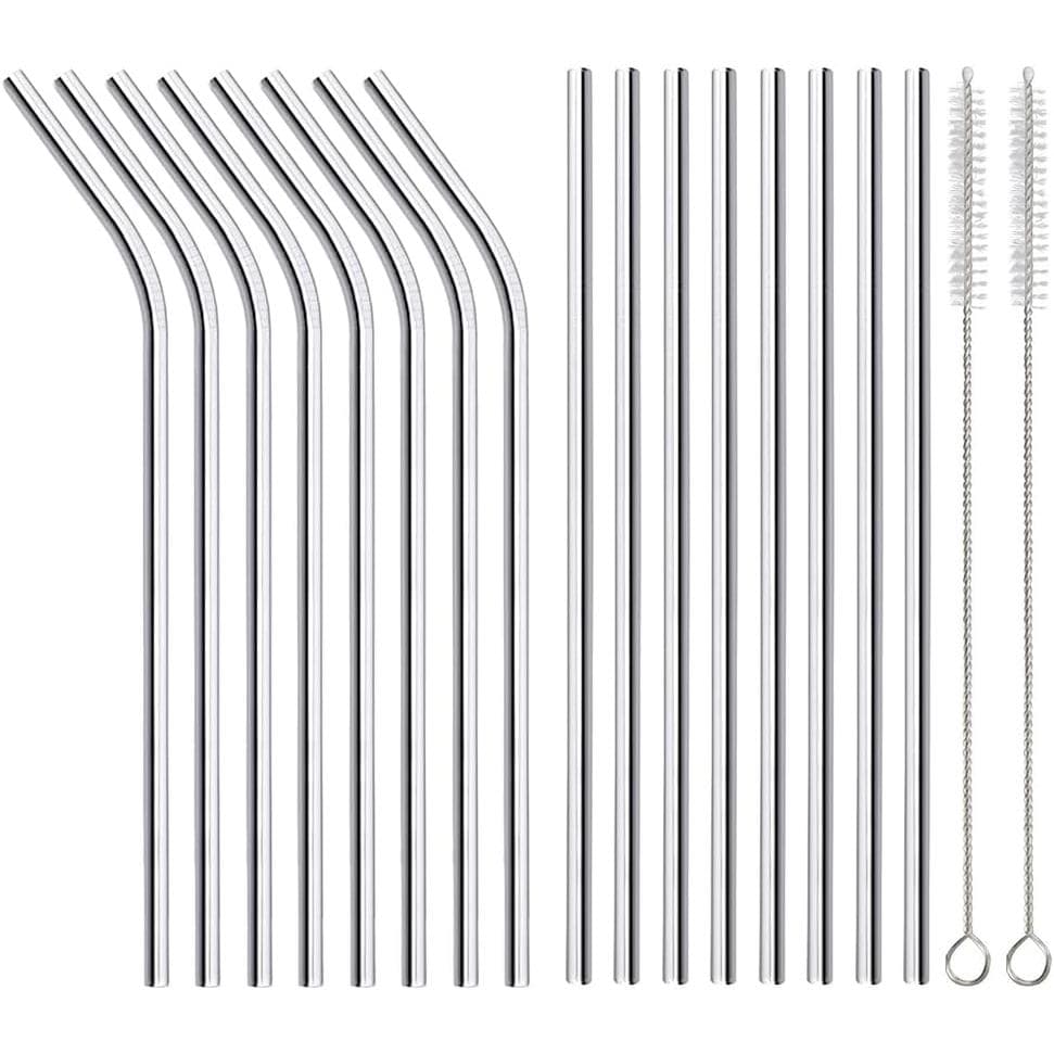 ANNVCHI Pacote com 16 Canudos de Metal Reutilizáveis de Aço Inoxidável, 8 Canudos Retos + 8 Curvos de 8,5 polegadas com