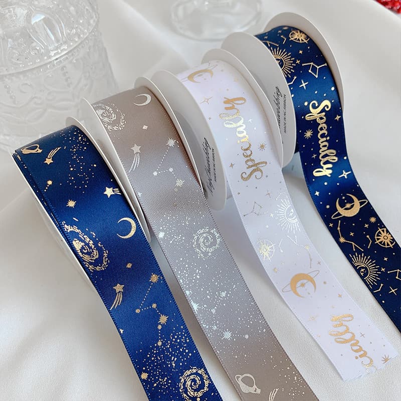 Dourado estrela lua universo fita fita de seda bolo presente embrulho fita decoração diy arco artesanal