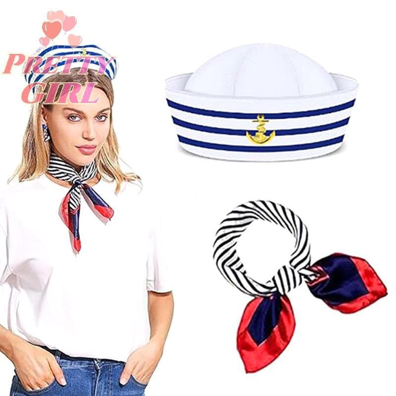 [Linda ggirl] Conjunto de Chapéu de Marinheiro com Lenço Pequeno para Mulheres, Chapéu de Cetim Listrado com Patchwork