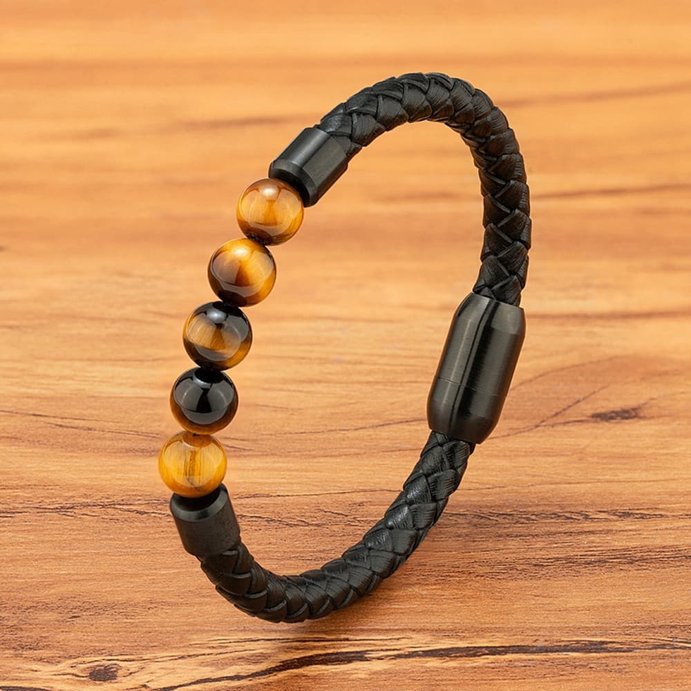 Pulseira De Couro De Alta Qualidade Clássica Moda Tigre Com Contas De Olho De Pulseiras De Aço Inoxidável Design De Fech