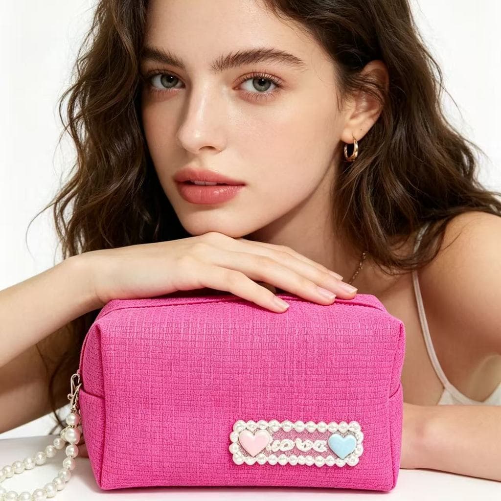 Necessaire Feminina de Tecido Suave com Pérolas para Maquiagem e Uso Diário