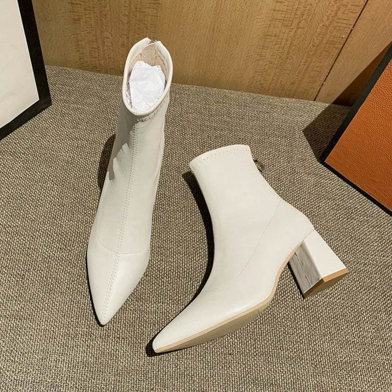 Botas curtas brancas de salto alto femininas outono inverno bico fino botas femininas 2026 novo estilo coreano botas fin
