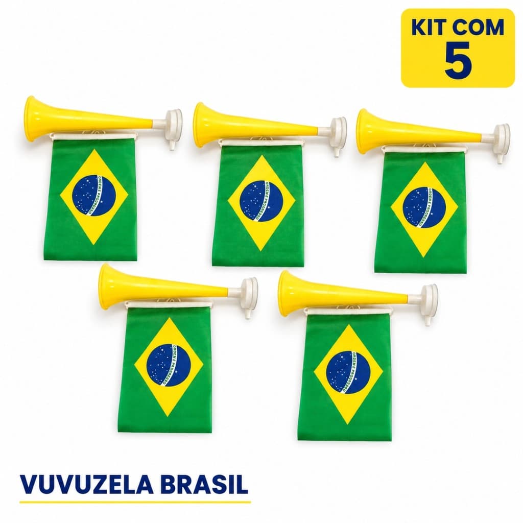 Kit 5 Vuvuzelas Buzina Brasil Com Bandeirinha Torcida