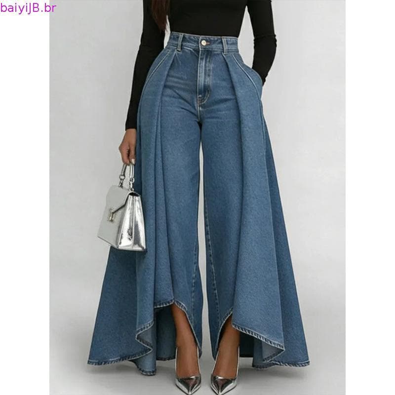 Women’s High Waist Wide Leg Denim Pants with Buttons Zipper Pockets – Casual Solid Color Irregular Hem Trousers for