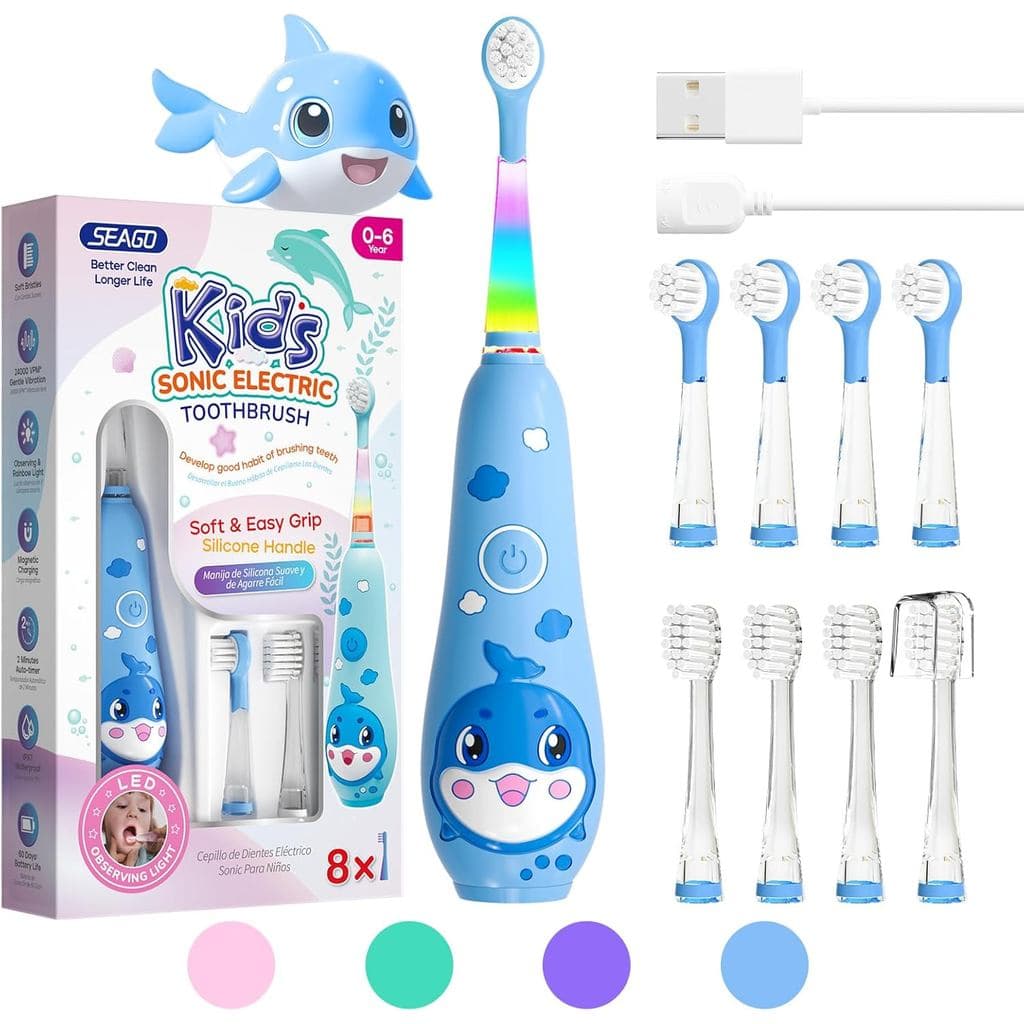 Escovas de Dente Elétricas Seago Kids para 0-6 Anos com Luz LED Colorida, Temporizador de 2 Minutos, 8 Cabeças de Escova