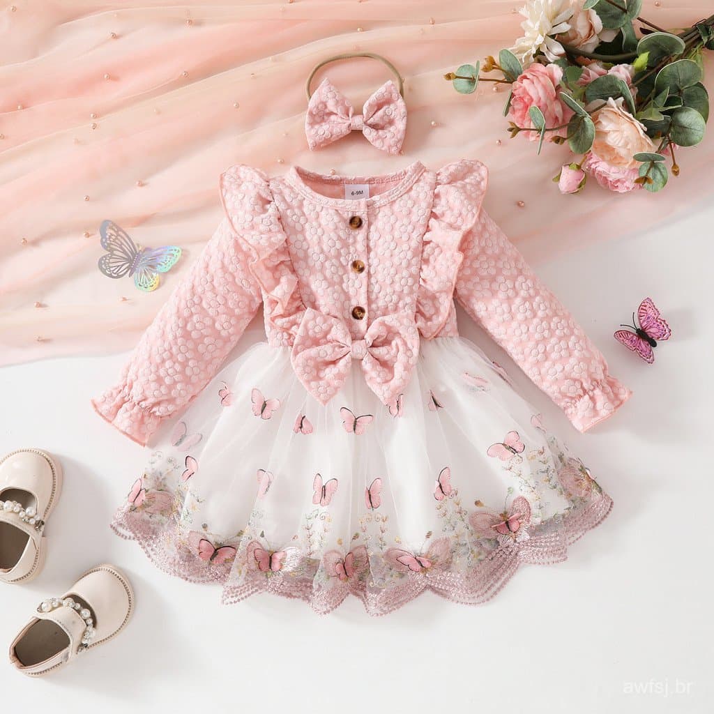 Adorável Bebê Meninas 3D Borboleta Manga Comprida Babados Malha Patchwork Vestido Fofo E Charmoso Para Roupas Infantis D