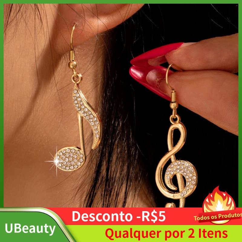 Brincos de Ouro com Notas Musicais Assimétricas para Mulheres, Liga de Zircônia Cúbica, Presente Elegante - Joias Modern