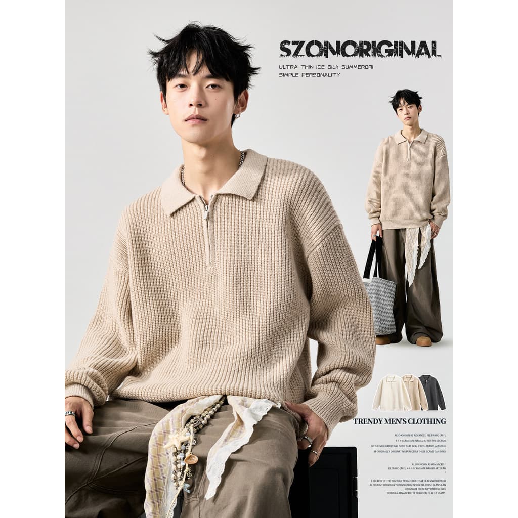 Suéter masculino com meio zíper, simples, High-End, cor sólida, gola polo, malha solta, espessada, outono inverno