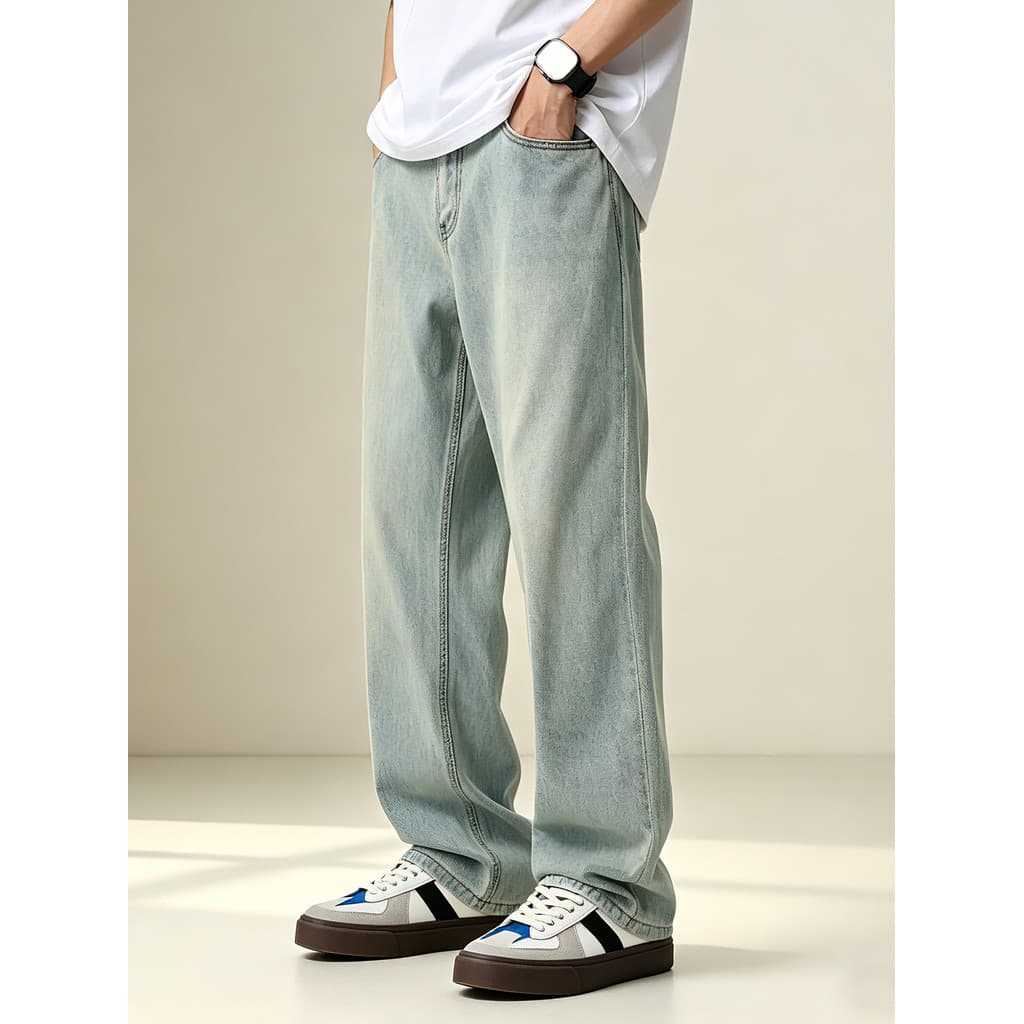 Verão estilo fino Drape lavado Jeans retos homens 2026 novo estilo Commuter solto tamanho grande calças de limpeza