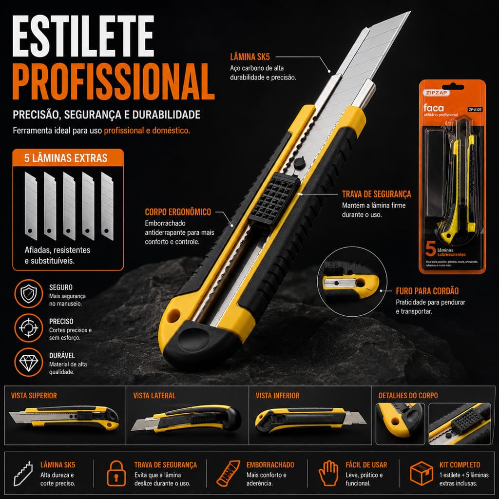 FUSHANG Kit Estilete Profissional Retrátil SK5 com 5 Lâminas Extras Aço Carbono Cortador de Caixa Resistente