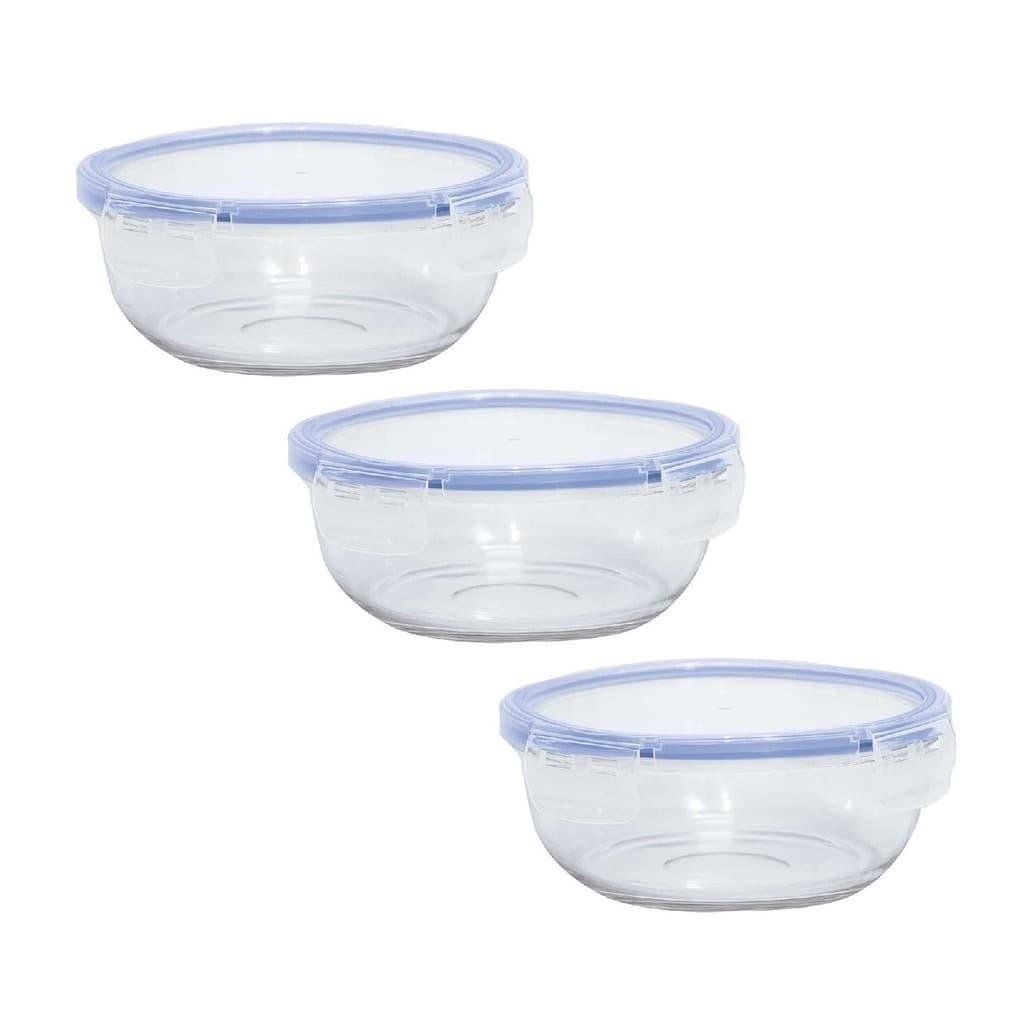 Jogo 3 Potes Vidro Marmita Fitness 880ml Bpa Free 4 Trava Refratário Antivazamento Vedação Micro-ondas Freezer Geladeira