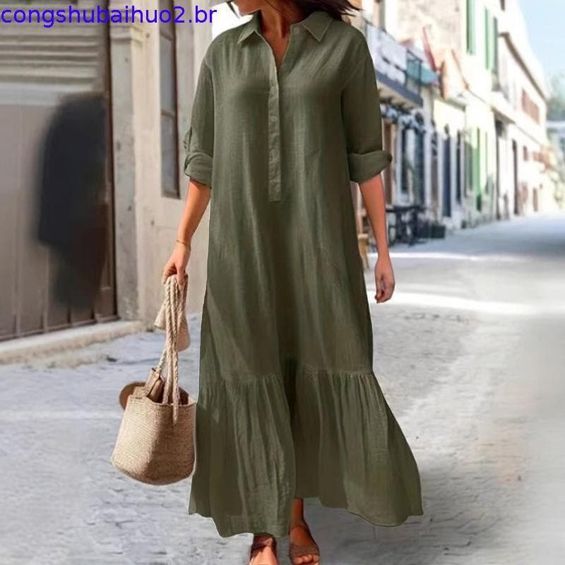Verão novo estilo algodão linho longo csa Irrelar torcido Casual senhoras vestido 2025