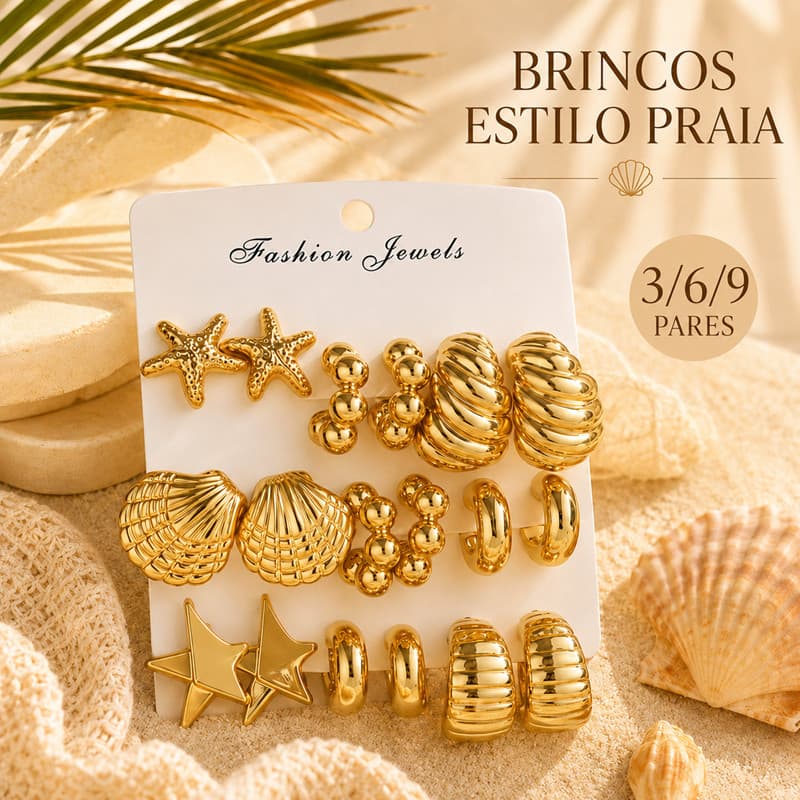 Kit Brincos Dourados Femininos 3 6 ou 9 Pares Argola Concha Estrela Moda Praia