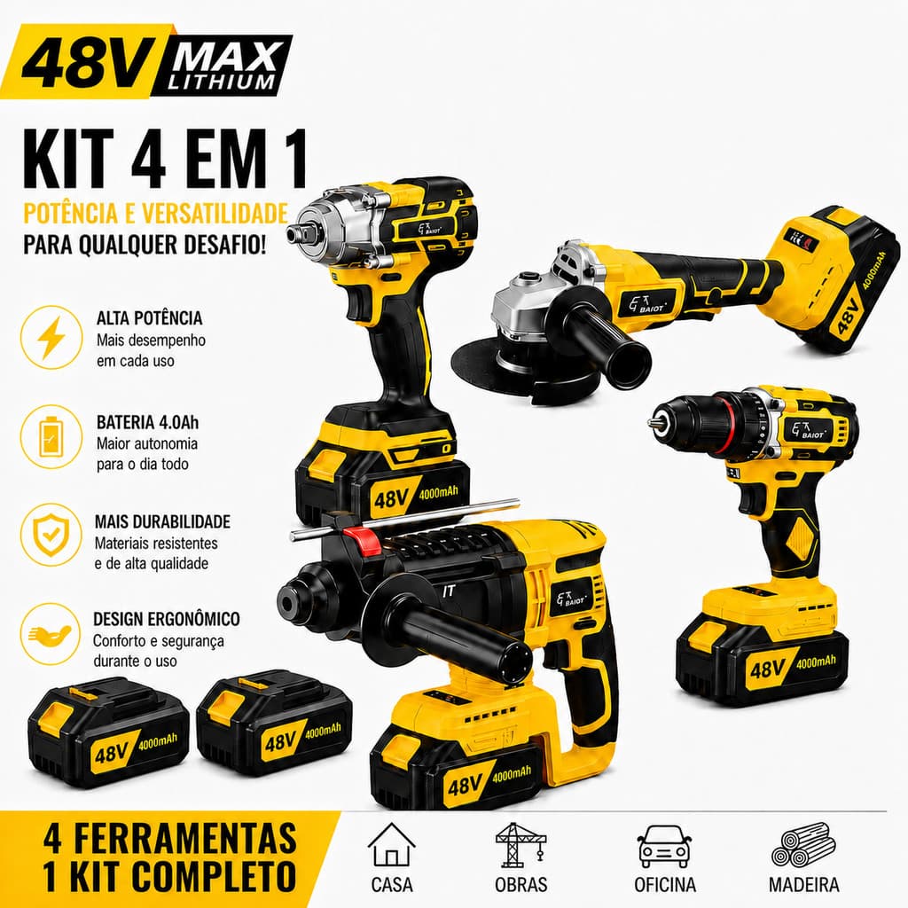 Avançado Kit 4 em 1 Ferramenta Elétrica 48V Alta Potência para Reformas e Construção Resistente