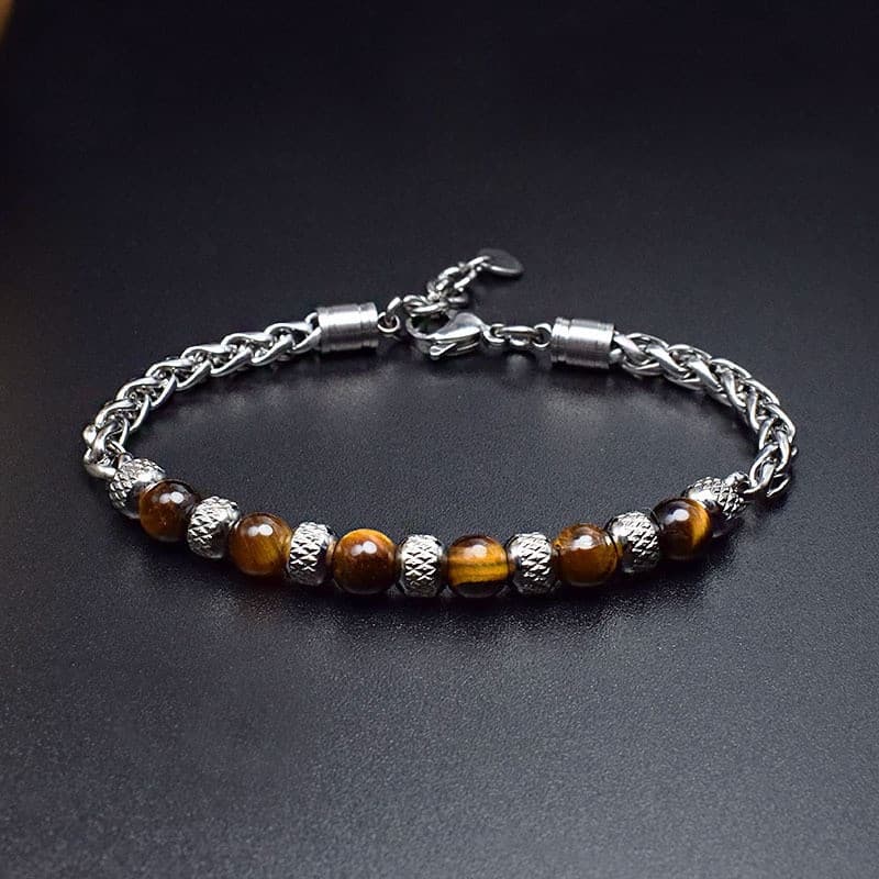 Pulseira Unisexo De Pedra Natural Beaded Para Mulheres Homens De Aço Inoxidável Corrente Homme Pulseiras Acessórios Fest