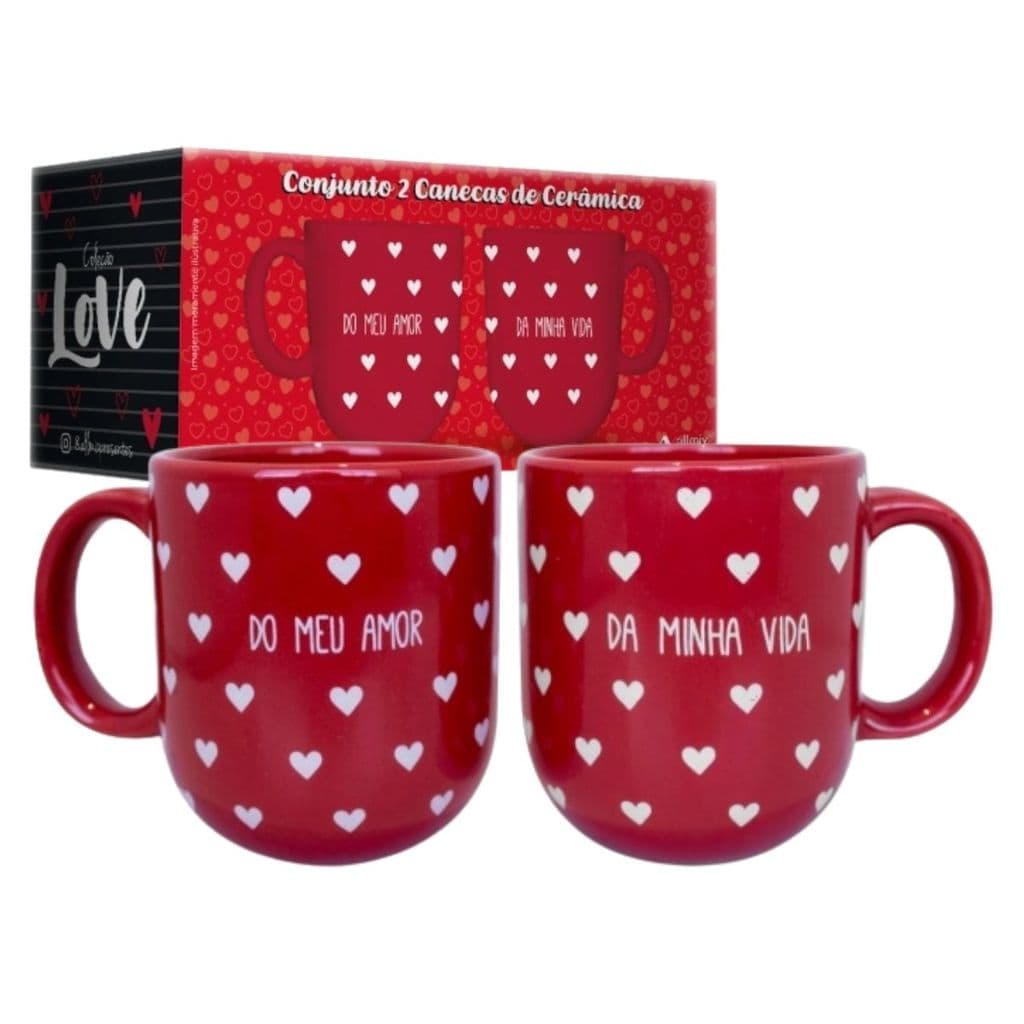 Kit 2 Canecas 220mL Coleção Love, AllMix, Xícara De Chá Café Em Cerâmica Amor Namorados Casal