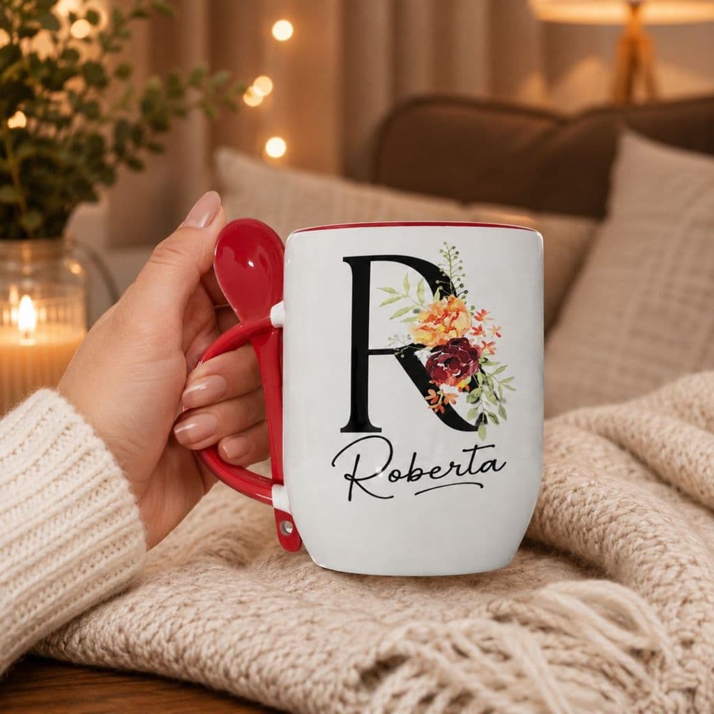 Caneca com Colher  NOME e INICIAL + FOTO ou FRASE personalizada Presente Criativo