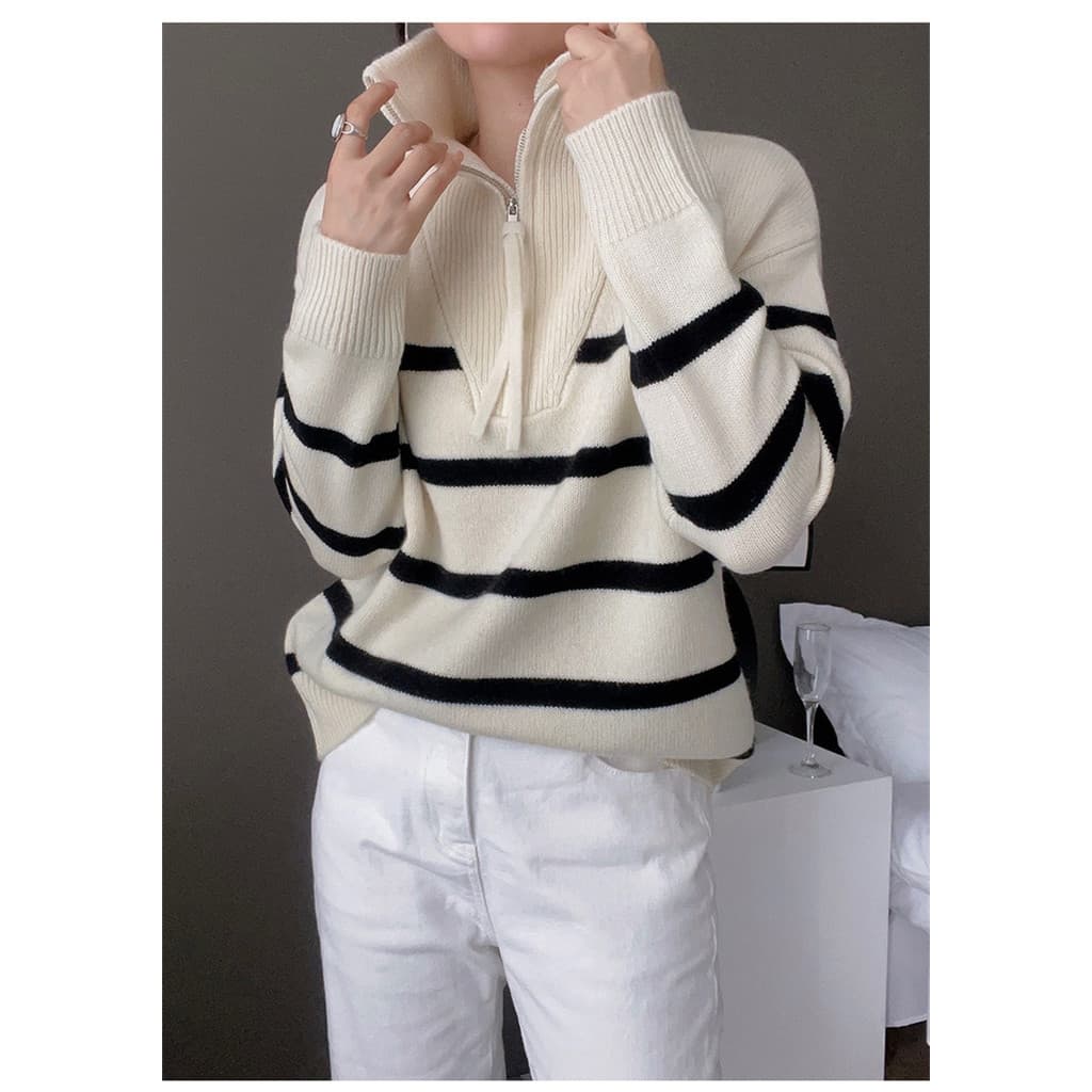Lapela meio zíper listrado pulôver camisola feminina outono inverno novo estilo preguiçoso solto estilo curto malhas top