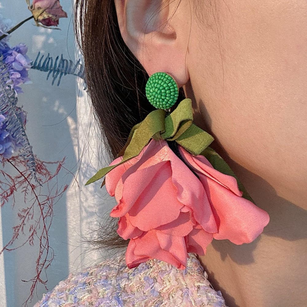 Brincos de Flor de Tecido para Meninas, Acessórios de Orelha Longos, Feitos à Mão, Estilo Exagerado e Fashion TRVH