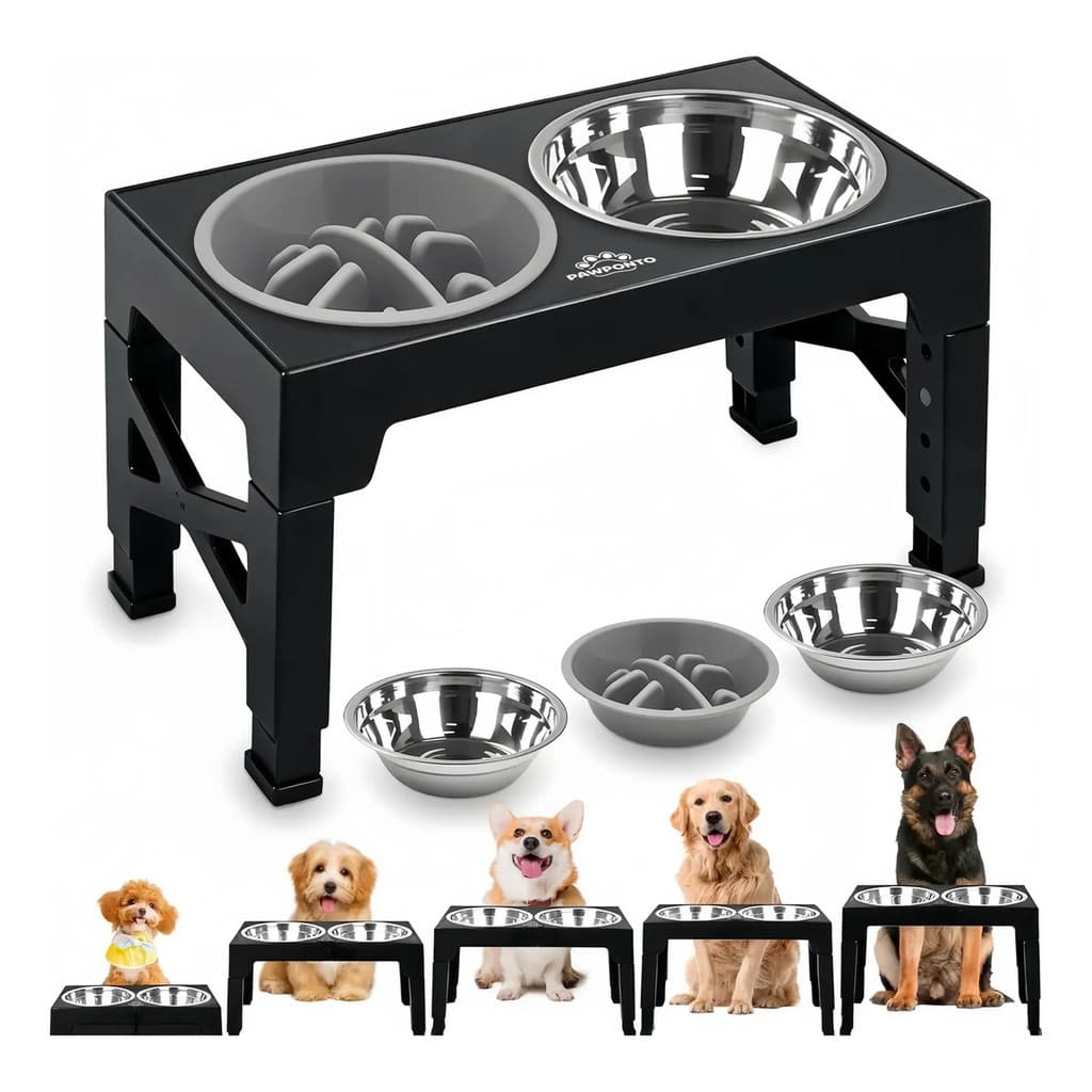 Adjustable Elevated Dog Feeder 5 Heights, Foldable with 2 Stainless Steel Bowls + Slow Feeder