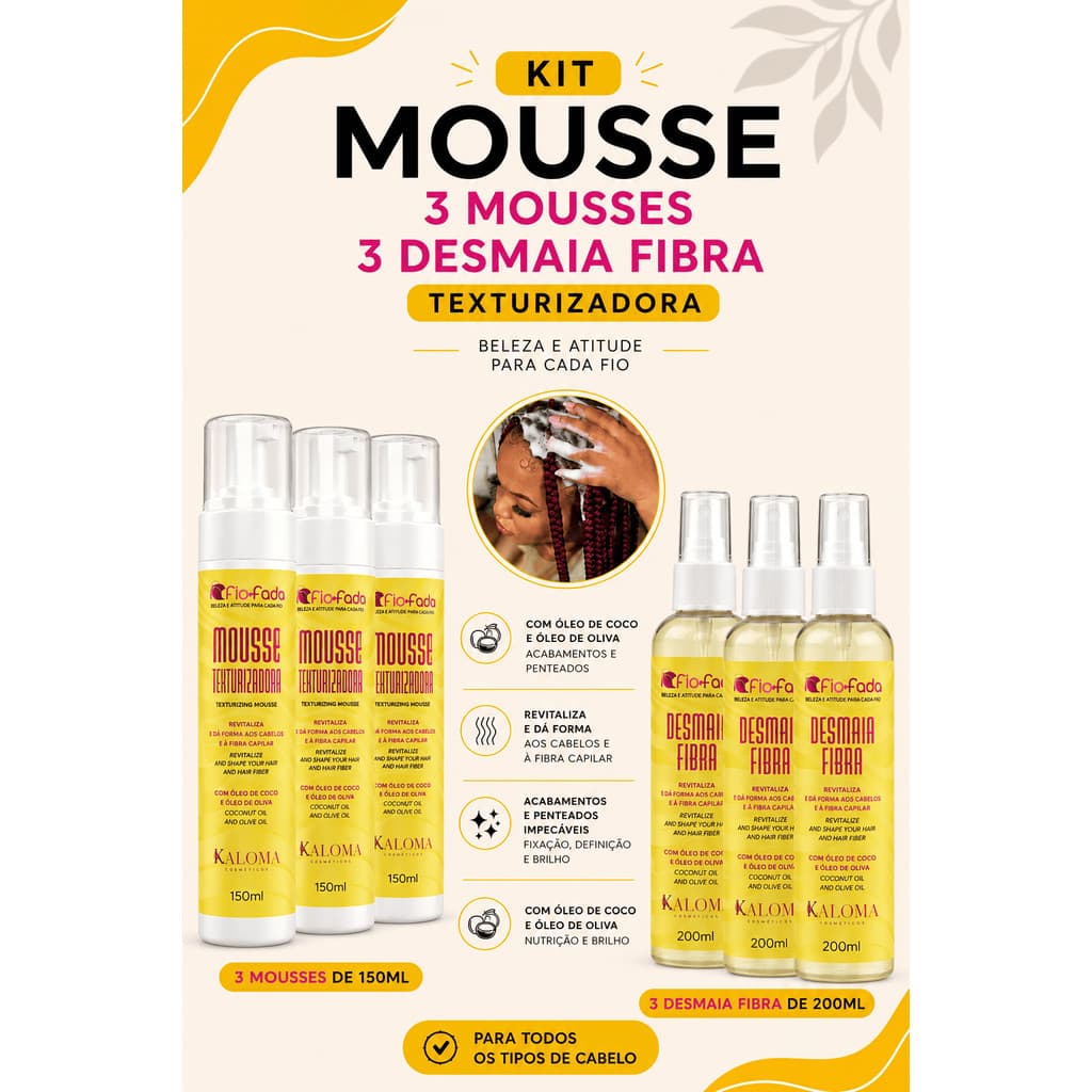 Kit Fio de Fada 3 Mousses Texturizador + 3 Desmaia Fibra Finalização Tranças Anti Frizz