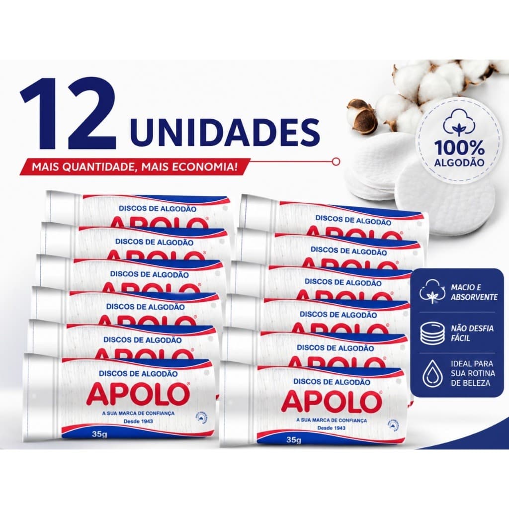 KIT COM 12 DISCOS DE ALGODÃO APOLO 35G