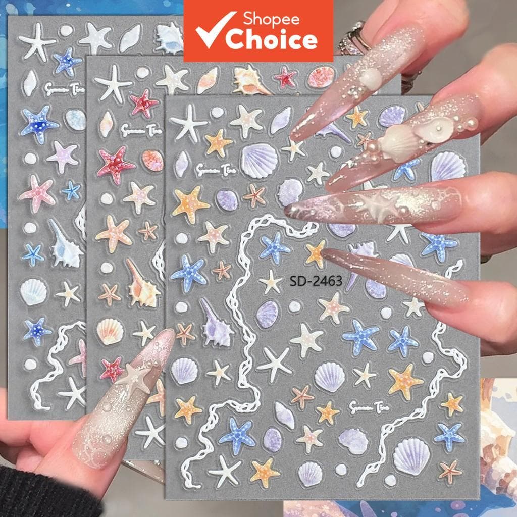 3/6/12 Folhas Adesivos de Unhas 5D Conchas Estrelas-do-mar Conchas Caramujos Praia de Verão Decalques Autoadesivos para