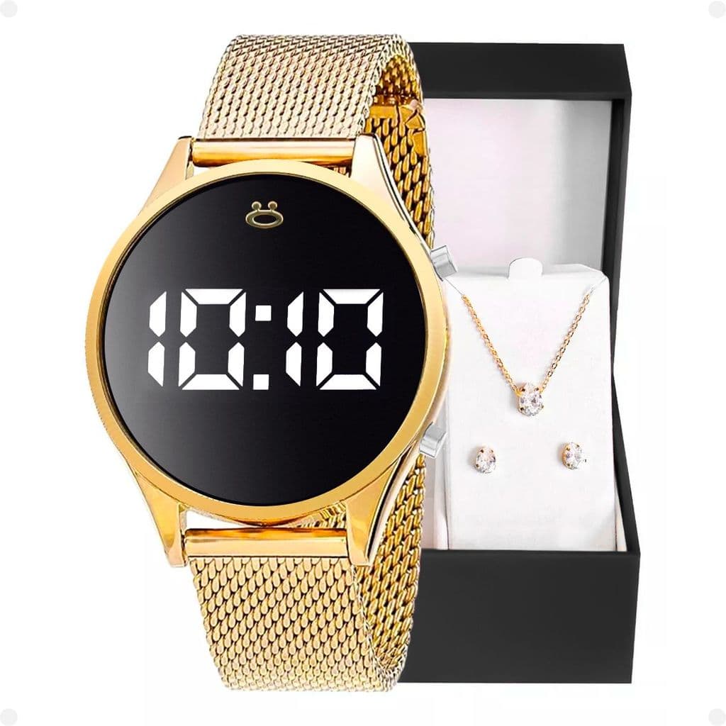 Relogio Feminino Digital Dourado + Caixa + Colar + Brincos