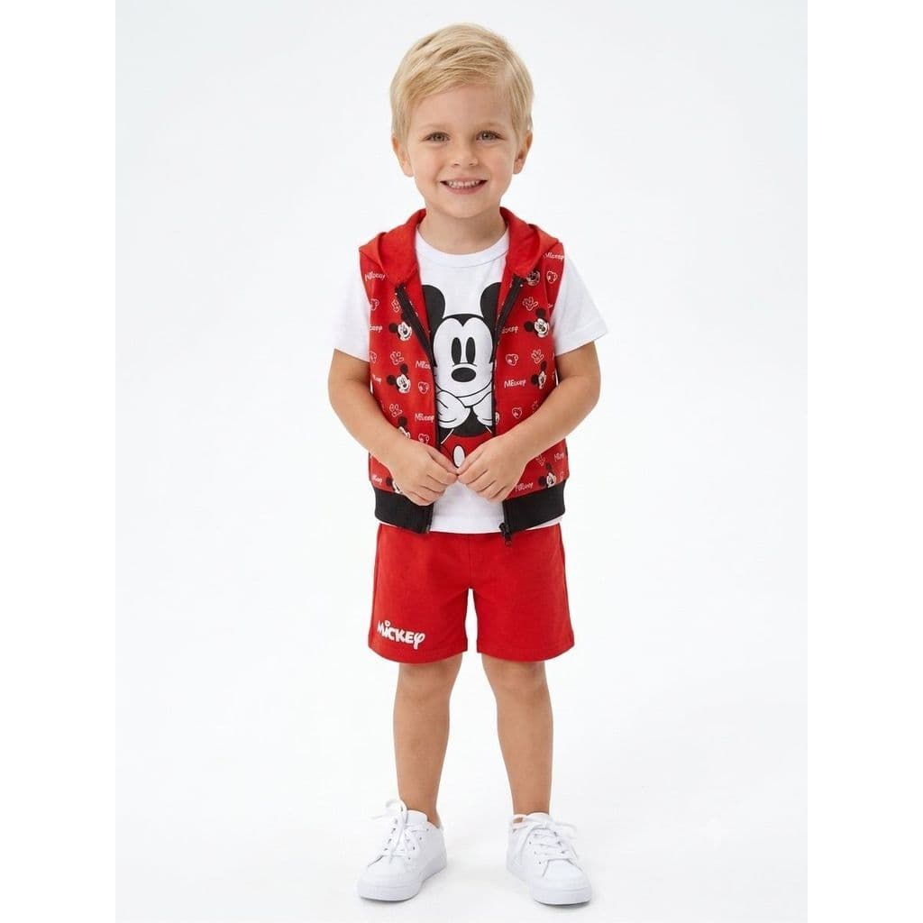 Conjunto Moletom Peluciado 3 Peças Infantil Menino Bermuda + Colete com capuz + camisa  Personagem Homem Aranha, Mickey