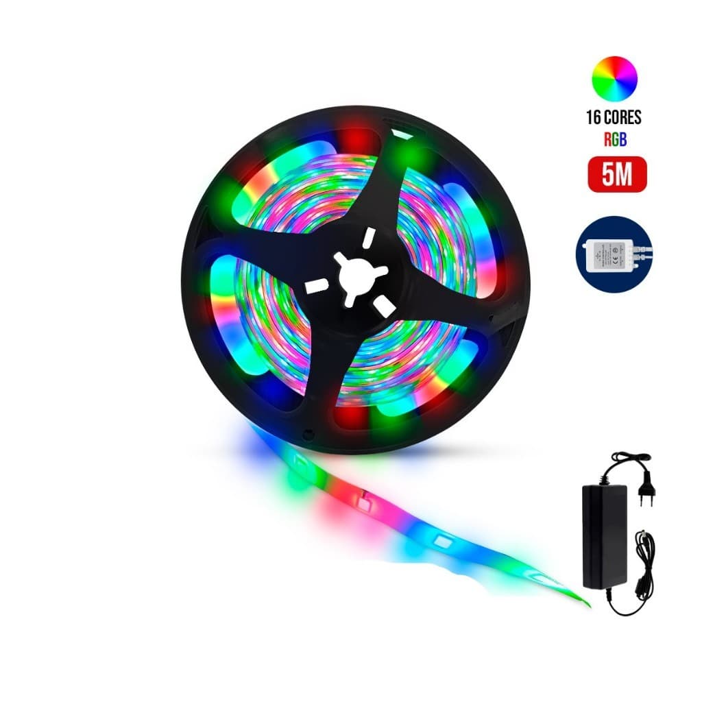 Fita De Led Colorida 16 Cores RGB 5 Metros 2835 Com Fonte Decoração Quarto Escritório