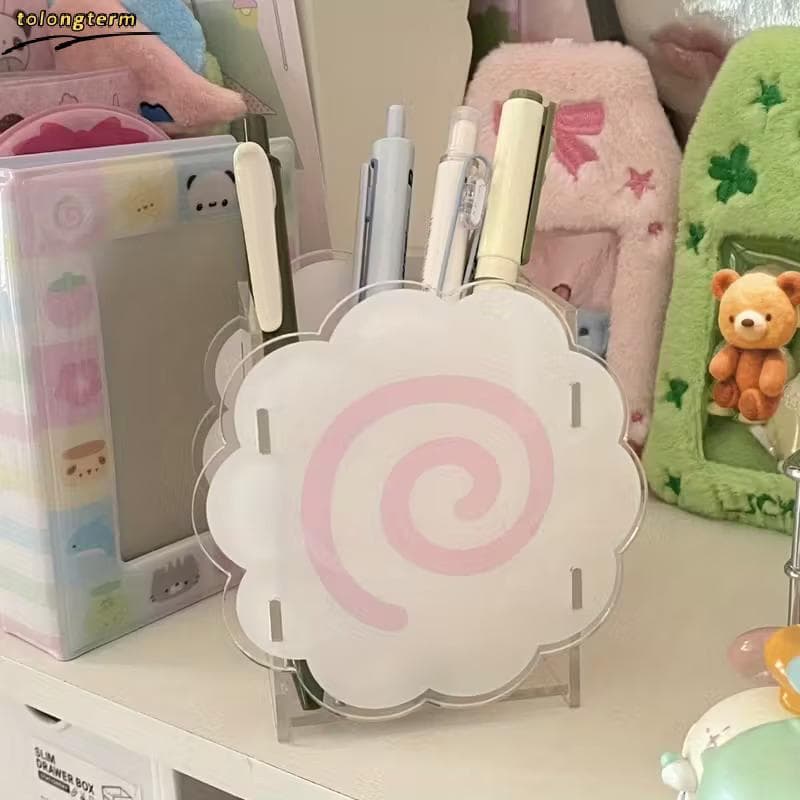Acrílico Peixe Bolo Caneta Titular Bonito Em Forma De Nuvem Grande Capacidade Desktop Papelaria Caixa De Armazenamento D