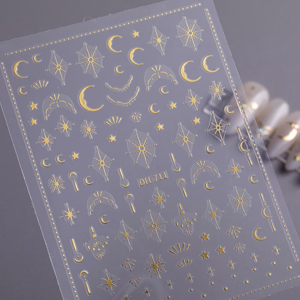 Adesivos para unhas em ouro e prata, com padrões de glitter, estrelas e lua, decoração de unhas simples e elegante, com
