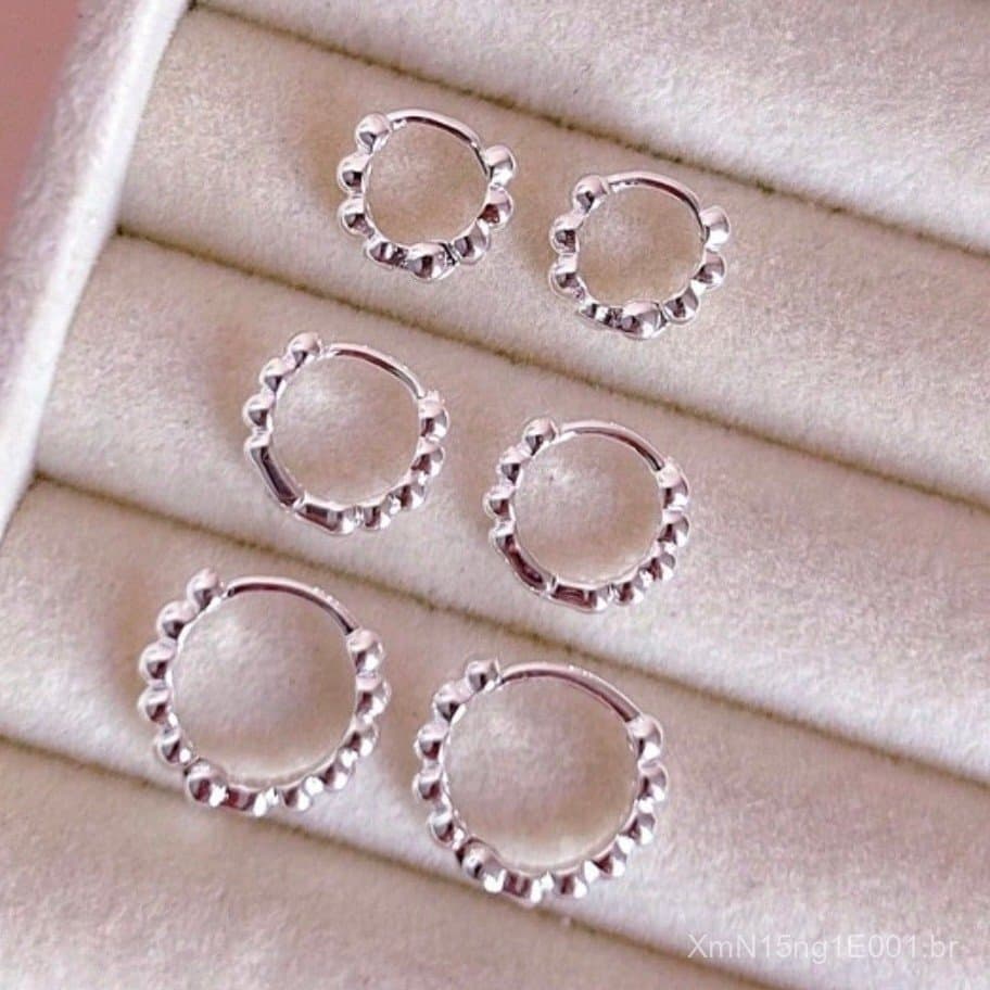 Brinco prata 925 três pares trio de argola decoração corporal feminina estiloso delicado com bolinhas banhado