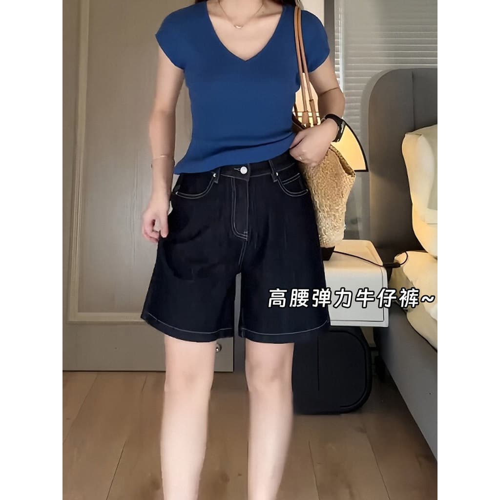 Azul escuro cintura alta Denim Shorts feminino verão estilo fino tamanho grande gordura mm solto mais magro olhar elásti