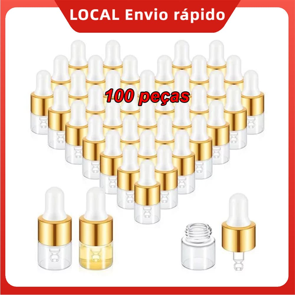 100 Peças Mini Frasco Conta-Gotas Vidro 1ml Dourado – Design fino, cabeça borracha, leve, para casa e escritório