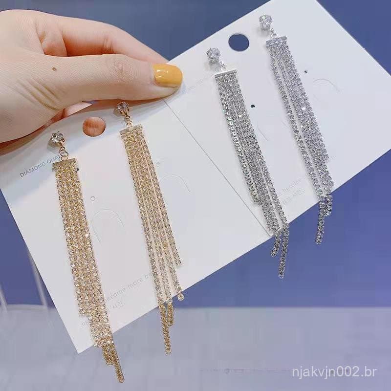 T elegante moda brincos feminino agulha de prata brilhante strass europeu americano brincos corrente borla geometria jap