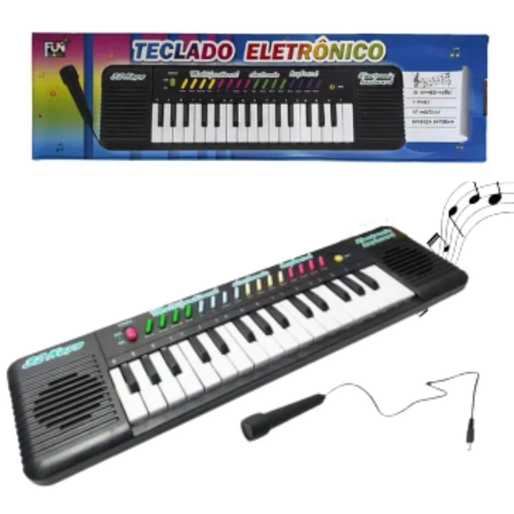 Piano Teclado Eletronico Infantil 32 Teclas Preto Microfone