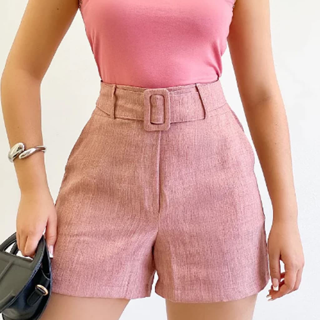 Short Feminino Linho Social Alfaiataria Bolso Lateral Cinto