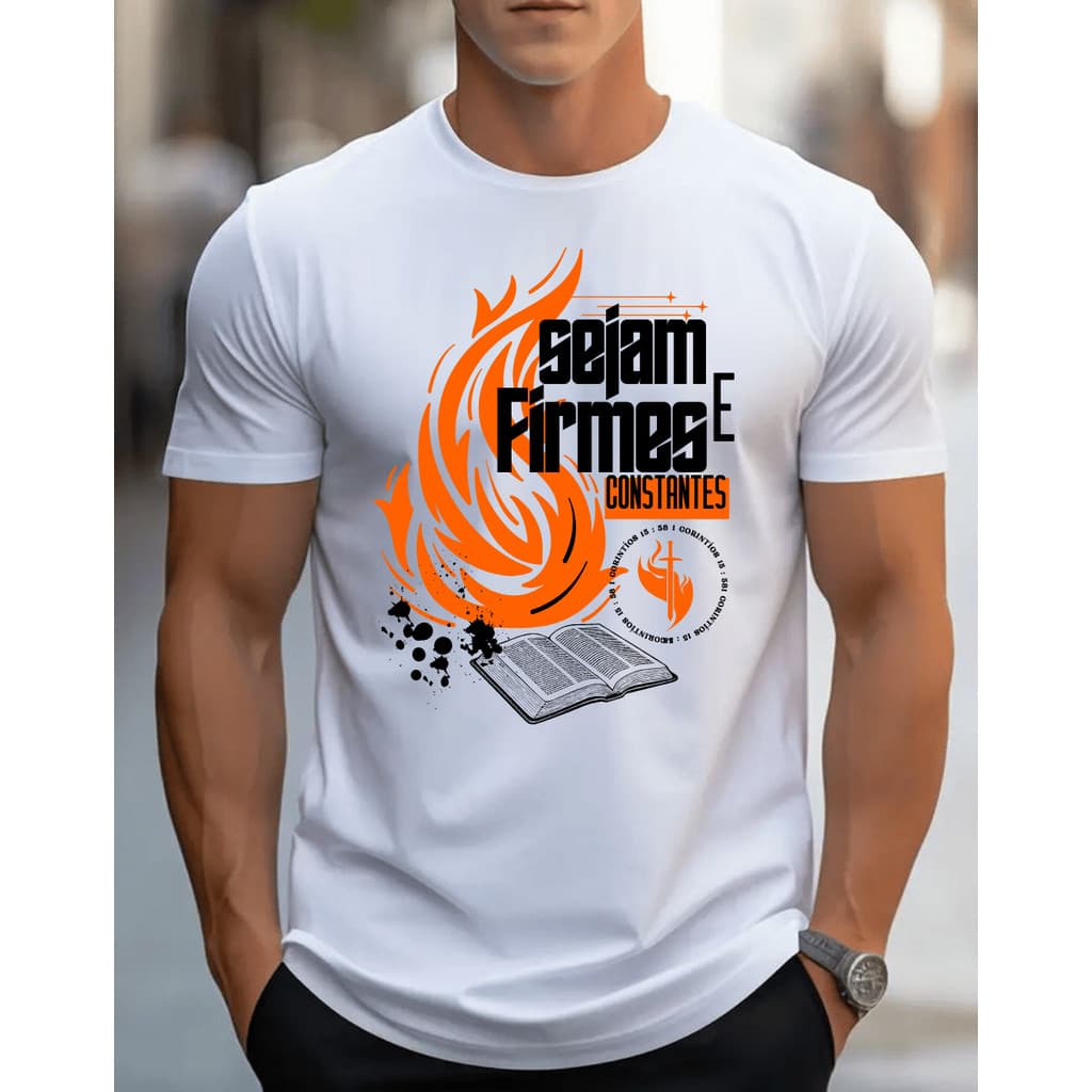 Camiseta Masculina Gospel Sejam Firmes e Constantes Estampada no Peito Cristã Casual Moderna