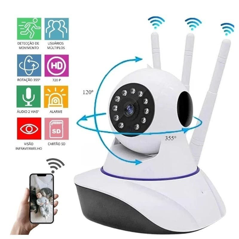 Câmera iP robô 3 antenas wifi visão noturna Alarme HD 360º Babá Eletrônica robozinho